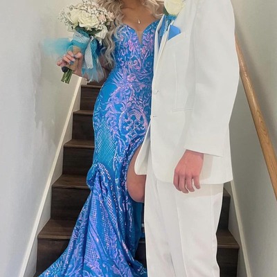 Blue off the shoulder sequins lace mermaid prom dresses with slit,pd230513