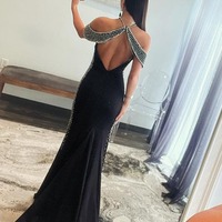 Mermaid Black Halter Satin Long Prom Dresses with Beading,PD230514 - Thumbnail 1