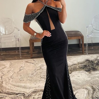 Mermaid black halter satin long prom dresses with beading,pd230514