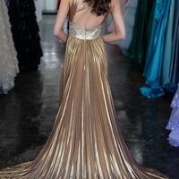 Gold Long Halter Pleated Satin Prom Dress with Beading ,PD230518 - Thumbnail 1