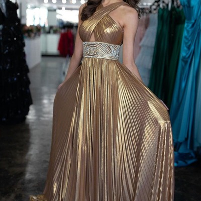 Gold long halter pleated satin prom dress with beading ,pd230518