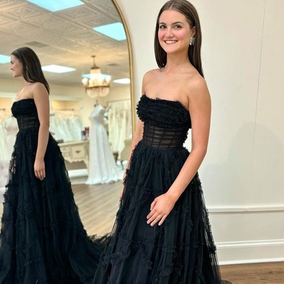 Black strapless ruffle tulle a-line prom dresses ,pd230522 - Thumbnail 1