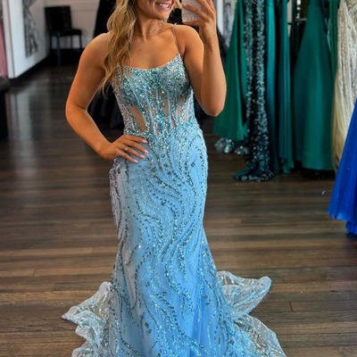 Mermaid light blue scoop neck sequin appliques prom dress ,pd230525 - Thumbnail 3
