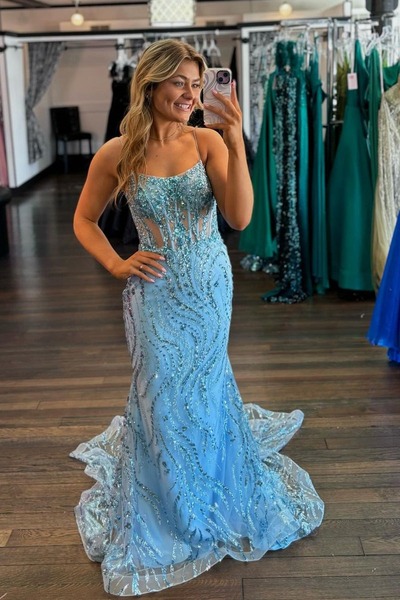 Mermaid Light Blue Scoop Neck Sequin Appliques Prom Dress ,PD230525