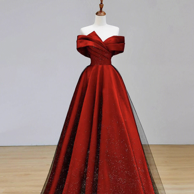 Burgundy satin and black tulle floor length prom dress - Thumbnail 1