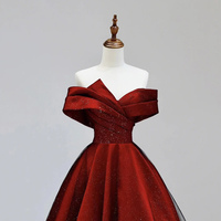 Burgundy Satin and Black Tulle Floor Length Prom Dress - Thumbnail 1