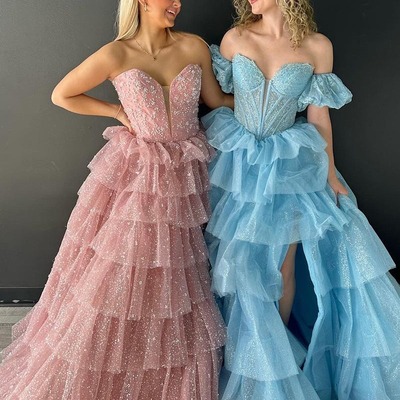Strapless tiered tulle long prom dresses with beading,pd230528
