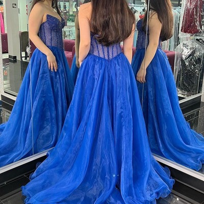  strapless royal blue organza long prom dresses with beading,pd230529 - Thumbnail 1