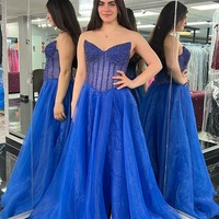  Strapless Royal Blue Organza Long Prom Dresses with Beading,PD230529 - Thumbnail 1