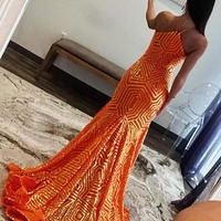 Mermaid Halter Keyhole Orange Sequins Long Prom Dresses ,PD230533 - Thumbnail 1