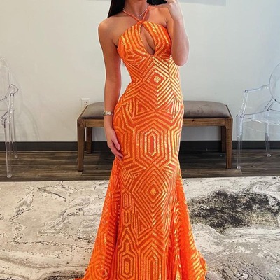 Mermaid halter keyhole orange sequins long prom dresses ,pd230533