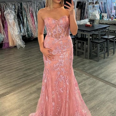 Mermaid pink strapless lace  long prom dresses,pd230535 - Thumbnail 5