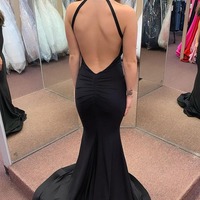Mermaid Black Halter Satin Long Prom Dresses,PD230538 - Thumbnail 1