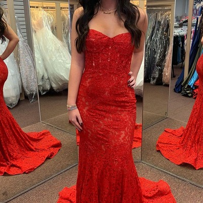 Mermaid red sweetheart lace beaded  long prom dresses,pd230539 - Thumbnail 3