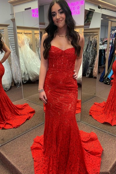 Mermaid Red Sweetheart Lace Beaded  Long Prom Dresses,PD230539