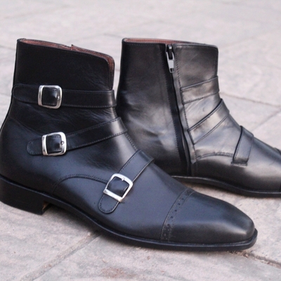 Crafted leather classic black leather triple buckle strap ankle high jodhpur boot