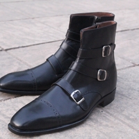 Crafted Leather Classic Black Leather Triple Buckle Strap Ankle High Jodhpur Boot - Thumbnail 1