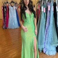 Cute V Neck Mermaid Green Sequin Mermaid Long Prom Dresses with Appliques,PD230543 - Thumbnail 1