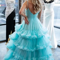 Charming V Neck A-Line Ruffle Tiered Tulle Long Prom Dresses,PD230546 - Thumbnail 1
