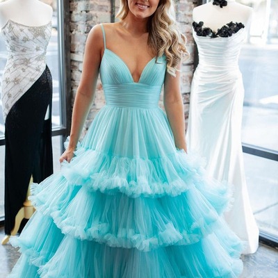 Charming v neck a-line ruffle tiered tulle long prom dresses,pd230546