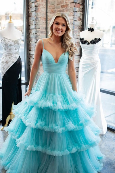 Charming V Neck A-Line Ruffle Tiered Tulle Long Prom Dresses,PD230546