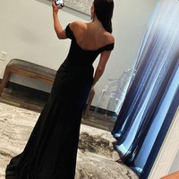 Off the Shoulder Mermaid Black Satin Long Prom Dresses with Slit,PD230547 - Thumbnail 1