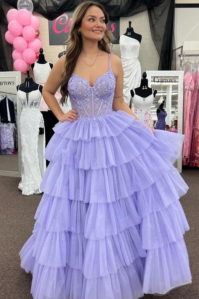  Ruffle Tiered Tulle A-Line Long Prom Dresses with Appliques  ,PD230548