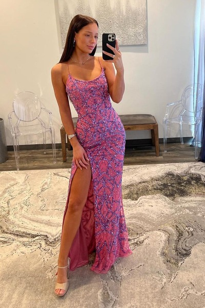 Mermaid Fuchsia Sequins Long Prom Dresses with Slit ,PD230549
