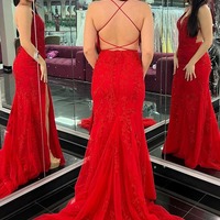  V Neck Mermaid Red Tulle Lace Long Prom Dresses with Slit ,PD230551 - Thumbnail 1