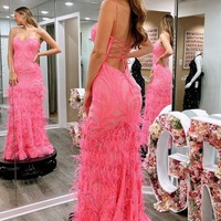 Mermaid Pink Sweetheart Sequins Lace Long Prom Dresses with Feather,PD230557 - Thumbnail 1