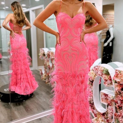 Mermaid pink sweetheart sequins lace long prom dresses with feather,pd230557
