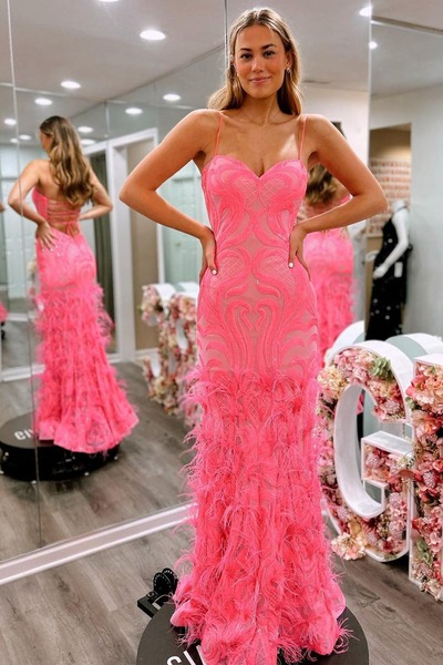 Mermaid Pink Sweetheart Sequins Lace Long Prom Dresses with Feather,PD230557