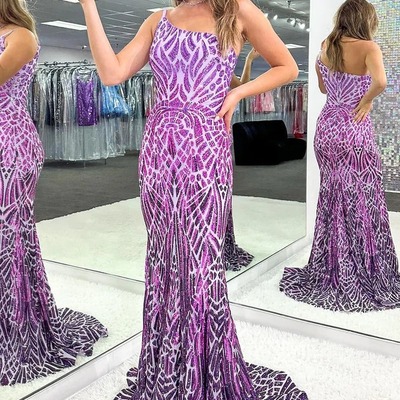 Mermaid purple one shoulder sequins long prom dresses,pd230559