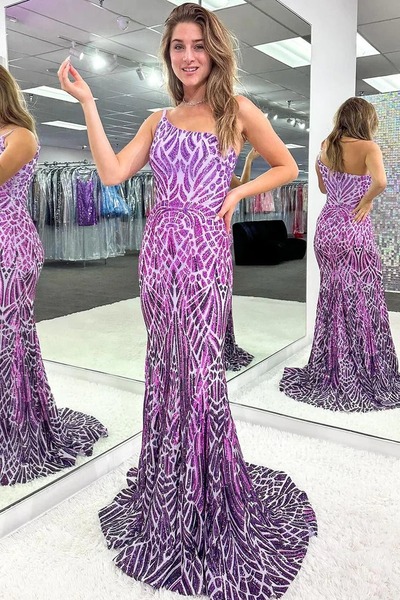 Mermaid Purple One Shoulder Sequins Long Prom Dresses,PD230559