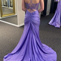 V Neck Mermaid Lavender Beaded Long Prom Dresses ,PD230560 - Thumbnail 1