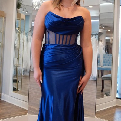 Strapless navy blue satin mermaid long prom dresses ,pd230561
