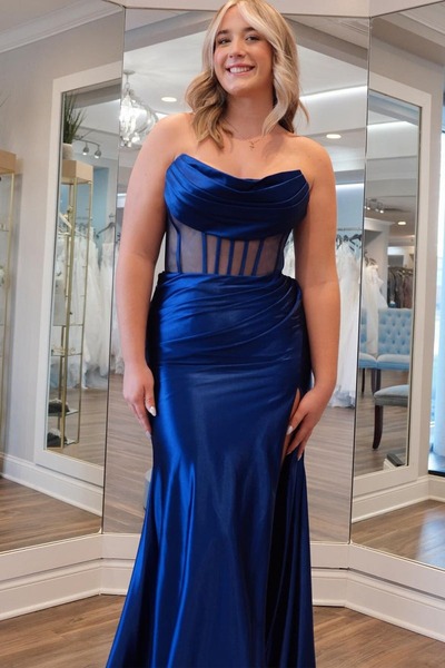 Strapless Navy Blue Satin Mermaid Long Prom Dresses ,PD230561