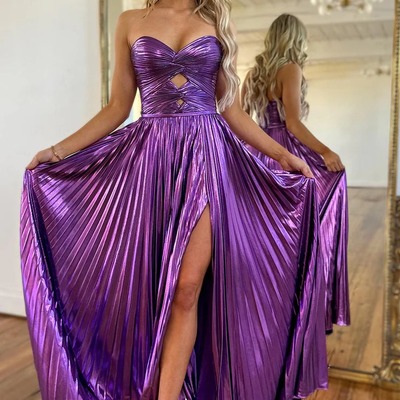 A line sweetheart purple metallic satin pleat prom dresses,bd251006