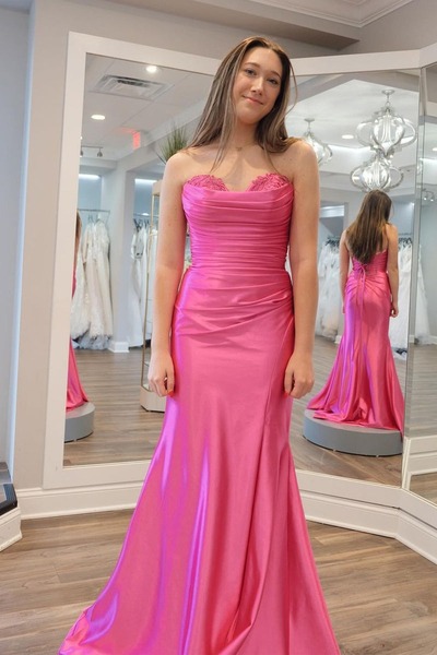 Sweetheart Pink Satin Mermaid Long Prom Dresses,PD230562