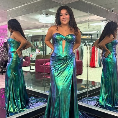 Mermaid sweetheart blue metallic satin slit prom dresses,bd251009