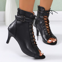 Patent leather peep-toe front lace-up belt buckle back zipper stiletto high-heeled sandals - Thumbnail 1