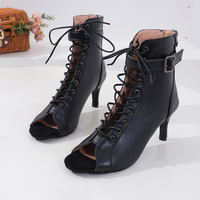 Patent leather peep-toe front lace-up belt buckle back zipper stiletto high-heeled sandals - Thumbnail 2