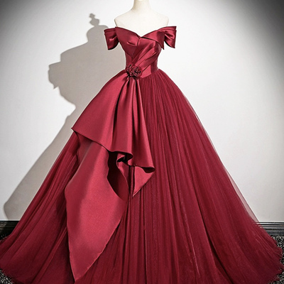 Burgundy satin tulle floor length formal prom dress - Thumbnail 2
