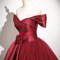 Burgundy Satin Tulle Floor Length Formal Prom Dress - Thumbnail 3