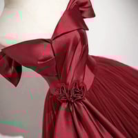 Burgundy Satin Tulle Floor Length Formal Prom Dress - Thumbnail 4