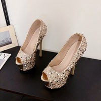 New sexy rhinestone sequined fish mouth shoes stiletto high heels 2 colors - Thumbnail 9