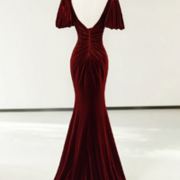 Mermaid Burgundy Velvet Long Short Sleeve Evening Dresses - Thumbnail 1