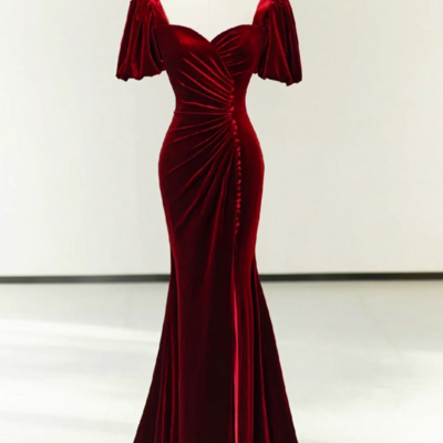 Mermaid burgundy velvet long short sleeve evening dresses - Thumbnail 3