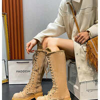 Vintage Lace-Up High-Top Suede Knight Chunky Soles Boots - Thumbnail 4