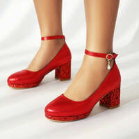 Sparkling Sequin Round-toe Chunky Heel Sandals - Thumbnail 4